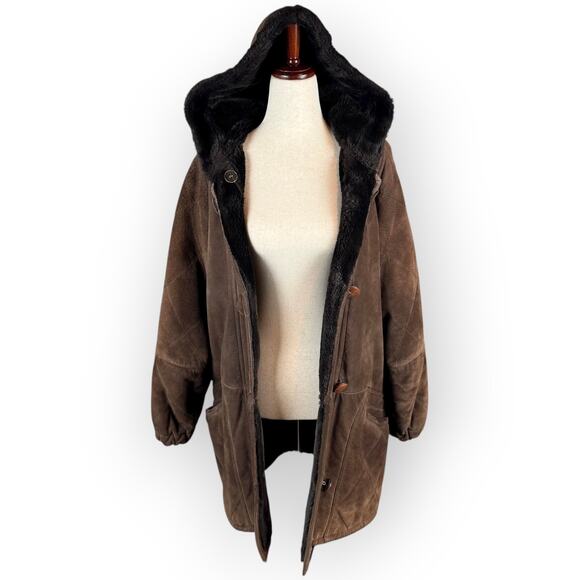 VTG Steve By Searl 90s Brown Suede Hooded Womens Coat with Black Faux Fur Medium - Picture 2 of 11